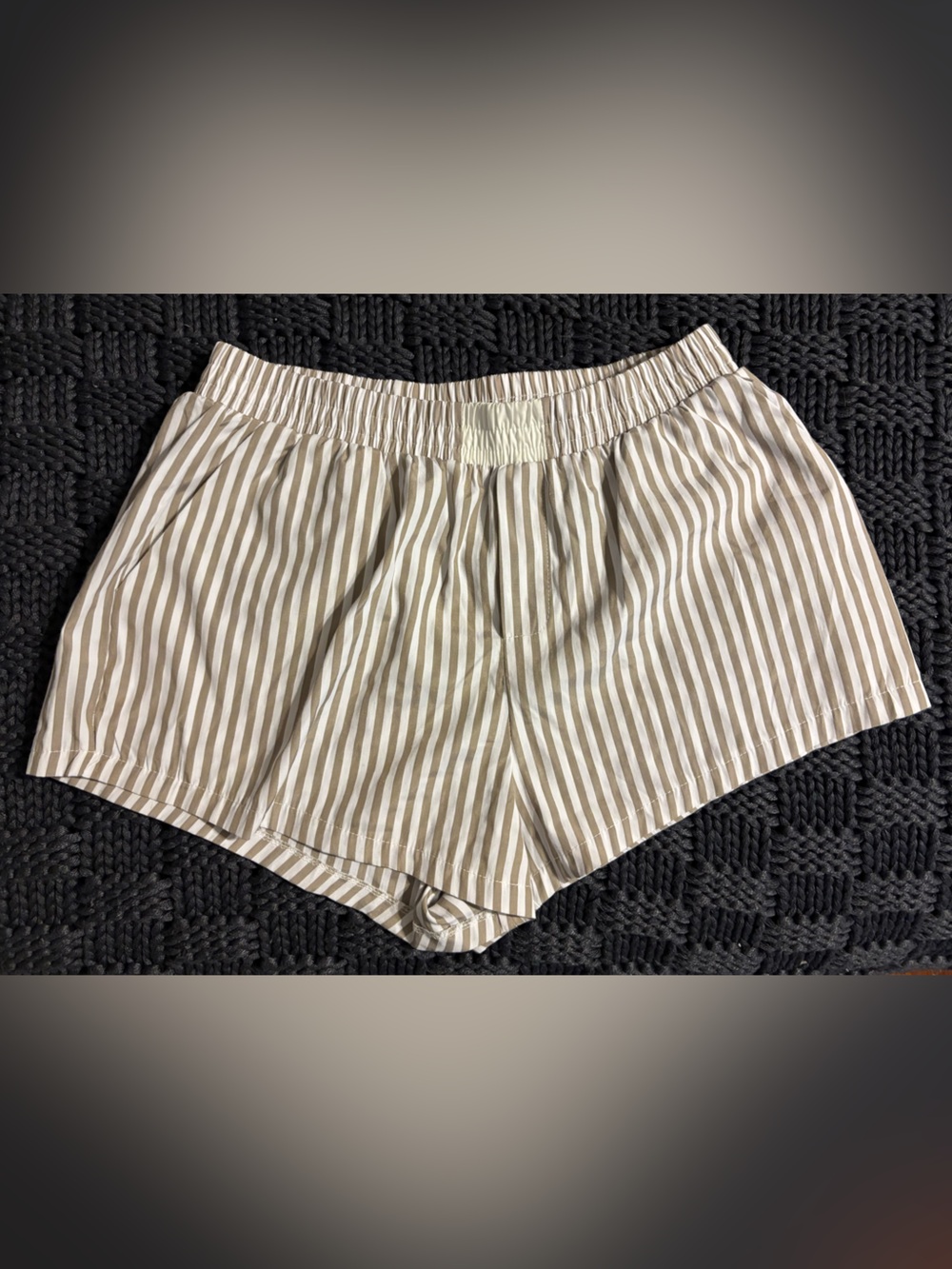 Women’s Striped Elastic-Waist Athletic Shorts — Beige/White